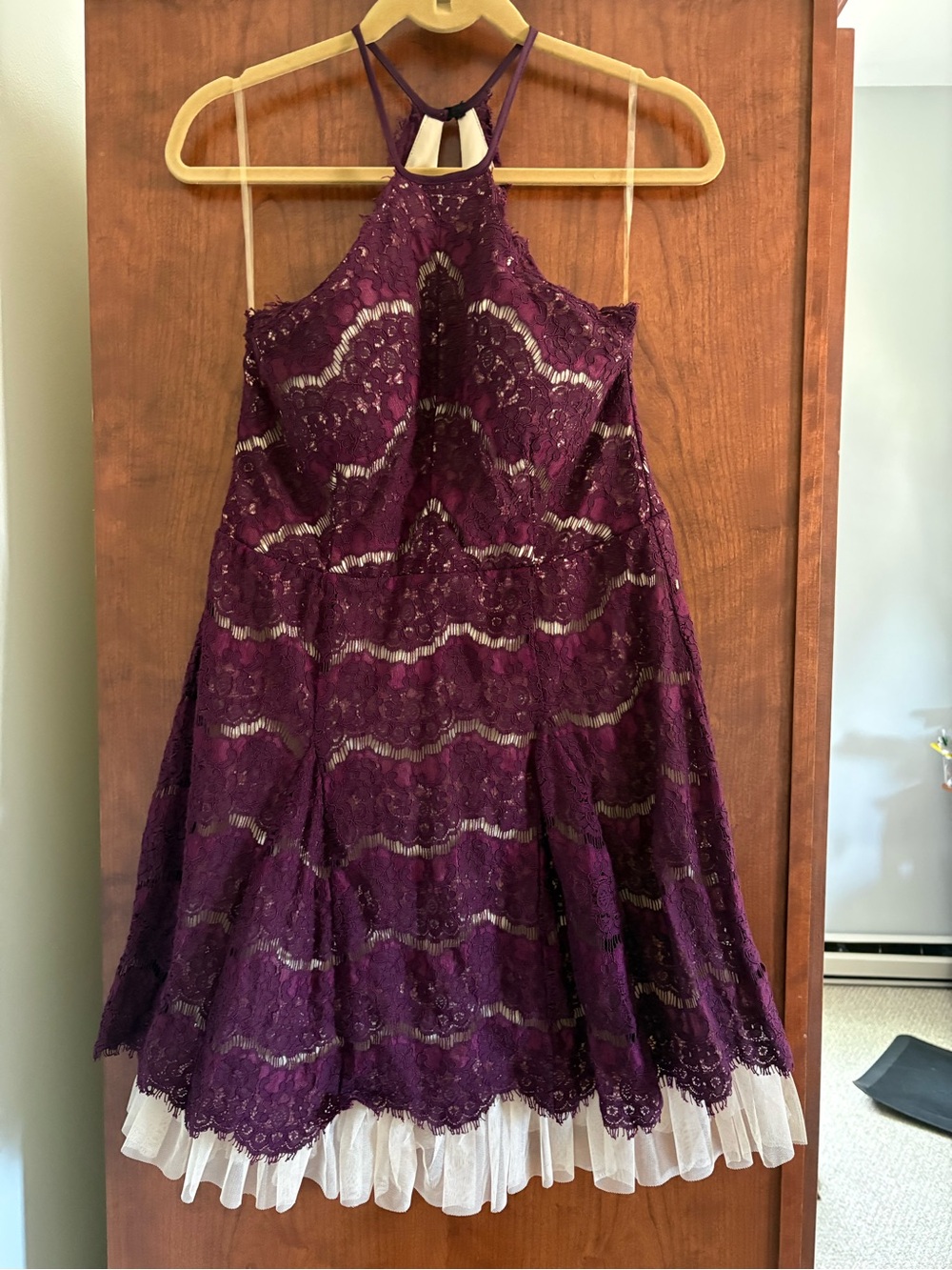 Francesca's Collections Plum Lace Halter Dress with Cream Tulle
